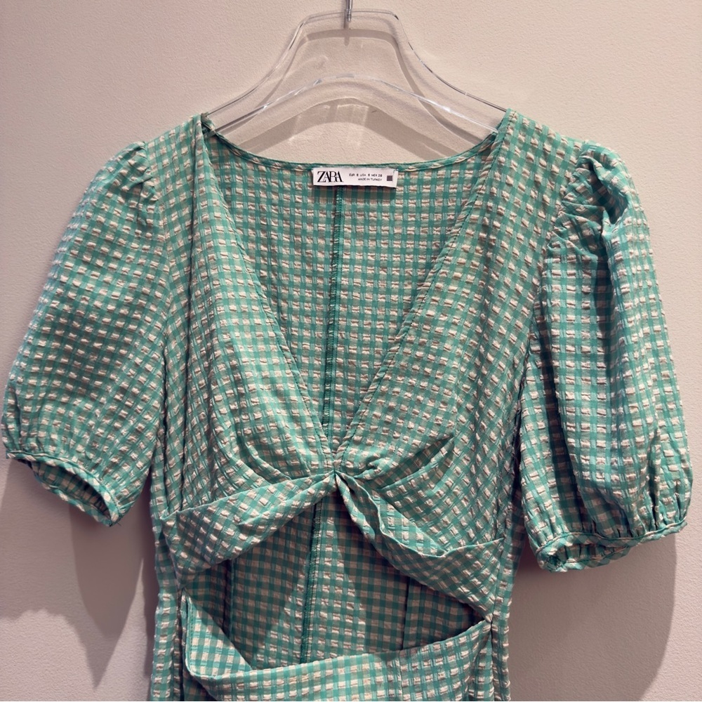 Zara Green Gingham Cut Out Midi Puff Sleeve Dress Size Small Women - Picture 4 of 14